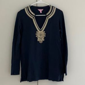 Lilly Pulitzer Emerson Tunic, Navy blue with gold neck lining, size small